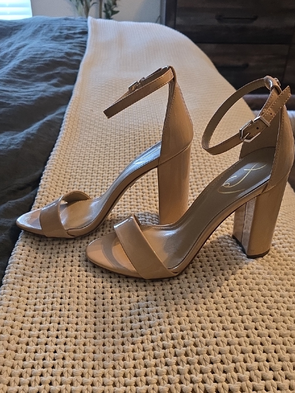 Sam Edelman Yara Ankle-Strap Block Heel Sandals in Nude Patent